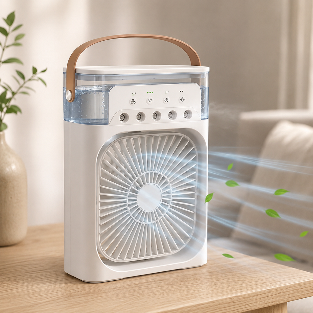 Portable mini air cooler fan with cooling mist on desk - Brand Vibrance