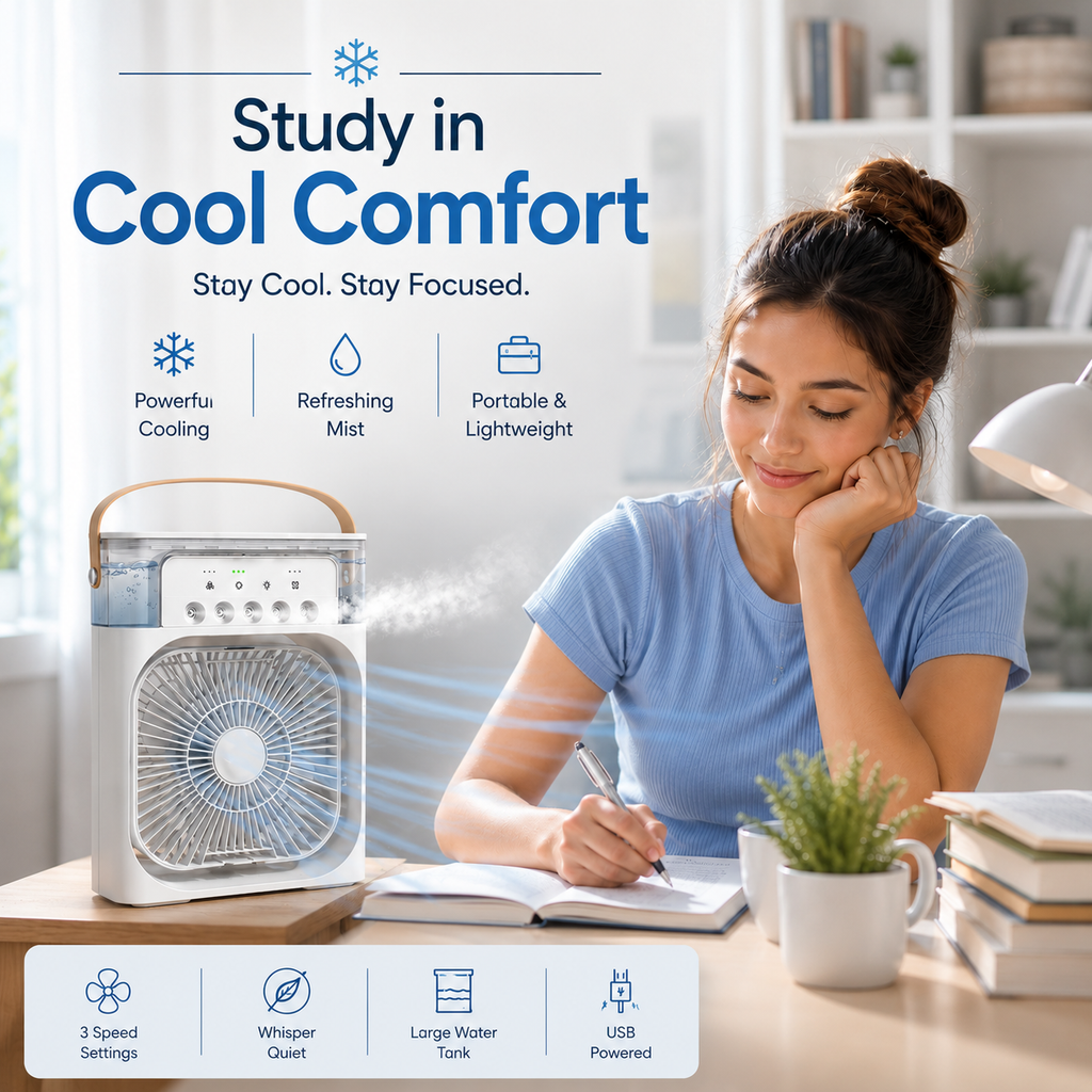Mini air cooler fan with 3 speed settings and water tank